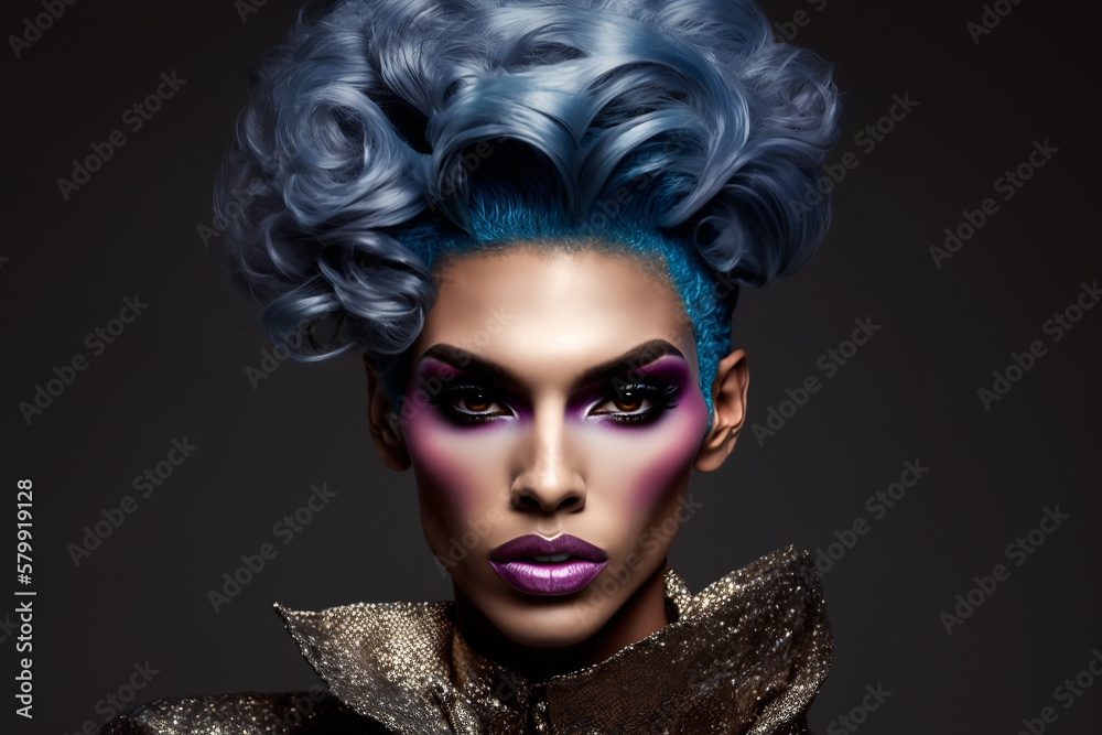 drag queen style transvestite man gay with bright colored makeup in women dress. Generative AI