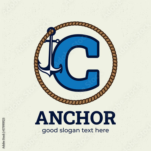 Letter C logo with anchor illustration logo design template, nautical logo concept, vintage style.