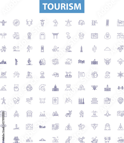 Tourism line icons, signs set. Travel, Sightseeing, Holiday, Vacation, Adventure, Hotels, Exploring, Trips, Excursions outline vector illustrations.