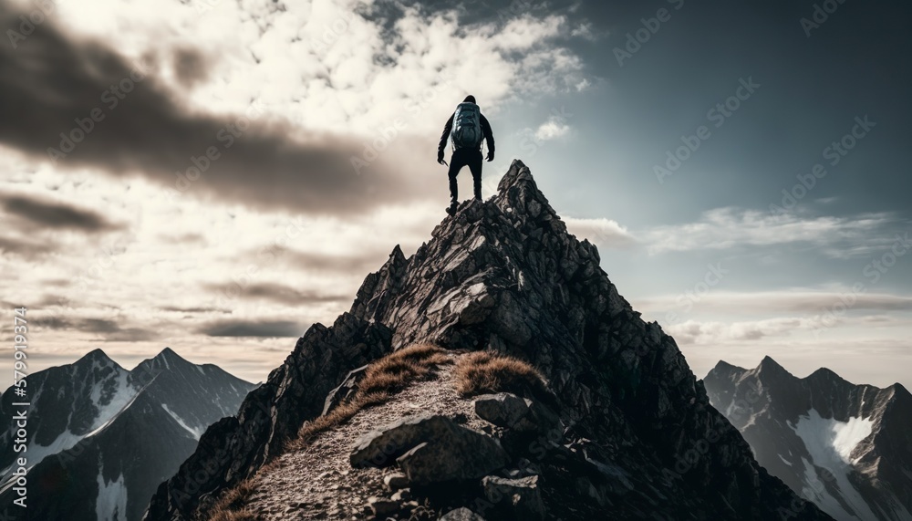 A person reaching the summit of a mountain representing the accomplishment of a difficult taskunsplash  Generative AI