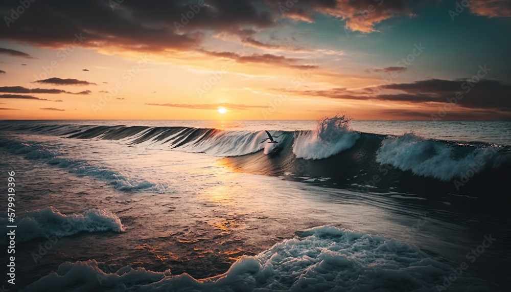 A lone surfer catching a wave at sunset unsplash  Generative AI
