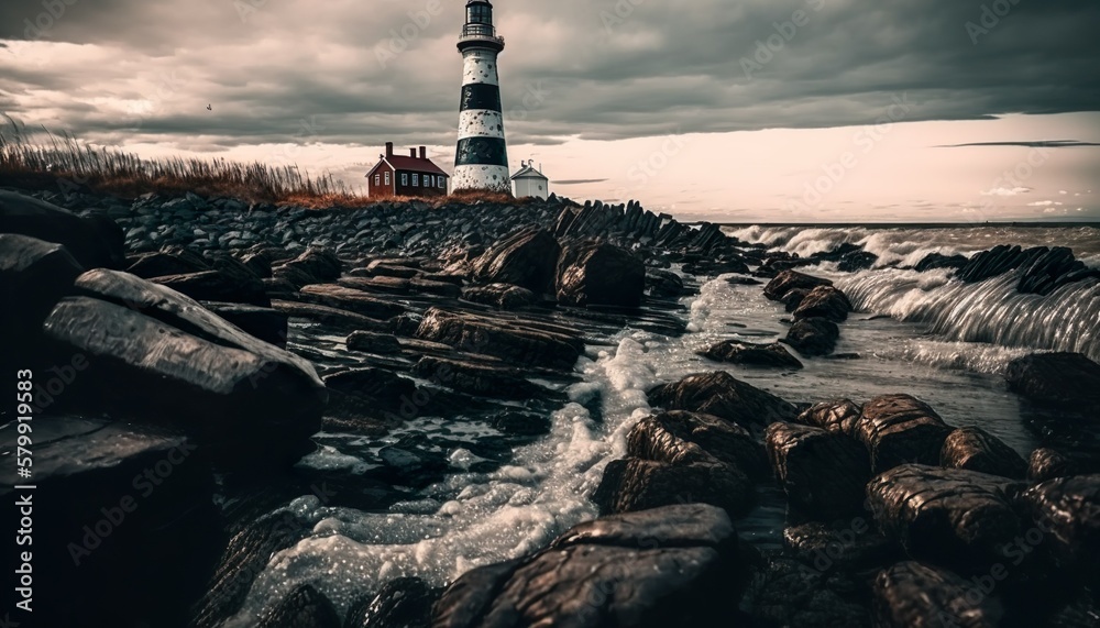Obraz premium A rocky shore with a lighthouse in the distance unsplash Generative AI