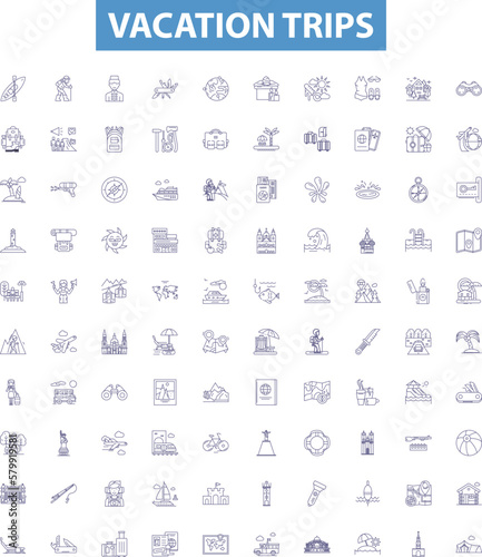 Vacation trips line icons, signs set. Holiday, Excursions, Travels, Getaways, Retreats, Touring, Journeys, Roaming, Trips outline vector illustrations.