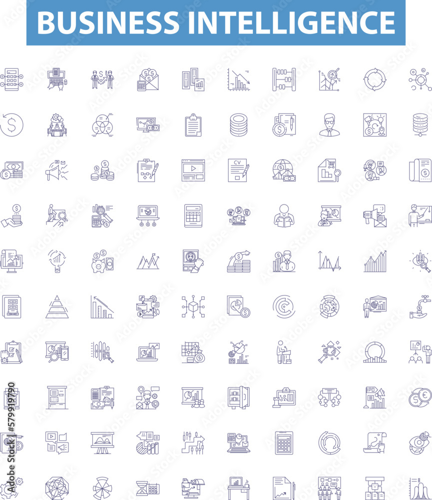 Business intelligence line icons, signs set. Analytics, Data, Processing, Report, Dashboard, Consultancy, Strategy, Visualization, Automation outline vector illustrations.