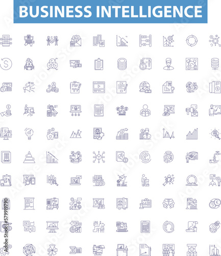 Obraz na płótnie Business intelligence line icons, signs set. Analytics, Data, Processing, Report, Dashboard, Consultancy, Strategy, Visualization, Automation outline vector illustrations. w salonie