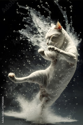 Throwing a skinny white cat into the water photo