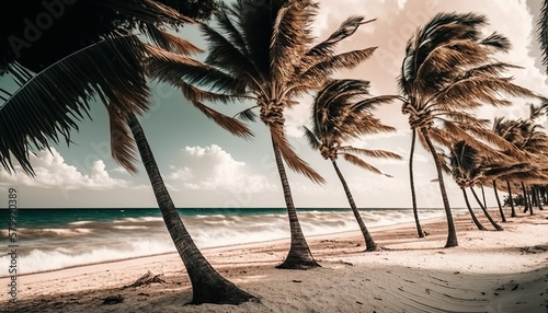 Palm trees swaying in the wind on a tropical beach unsplash  Generative AI