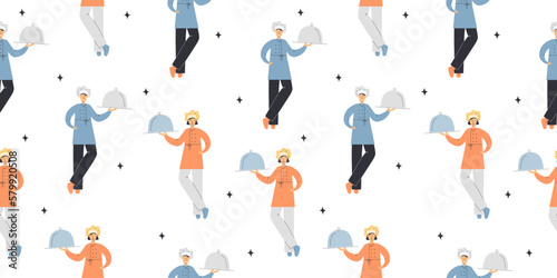 Seamless pattern with master chef man and woman