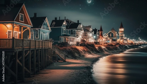 A seaside town at night unsplash night in the city Generative AI