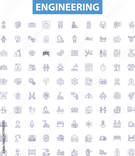 Engineering line icons, signs set. Engineering, Technology, Design, Manufacturing, Construction, Electronics, Mechanics, Science, Electrical outline vector illustrations.