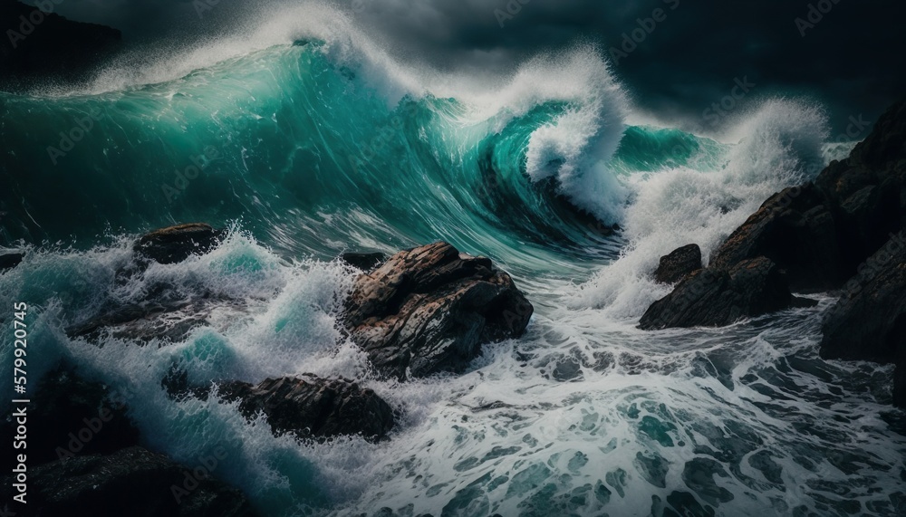 Ocean waves breaking on rocks unsplash waterfall  Generative AI