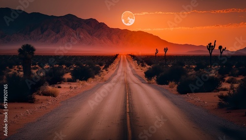 Sunset on a desert road unsplash  Generative AI
