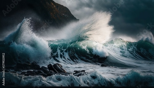 Waves crashing against the shore unsplash  Generative AI