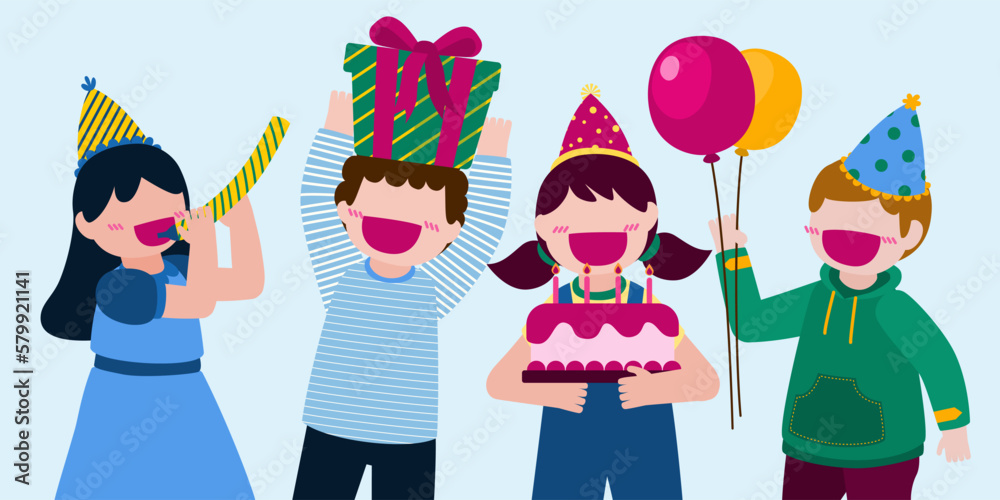 Cartoon birthday party people. Man and woman has birthday party at home. Birthday party decoration with balloon and shoot colorf Cartoon birthday party people. Man and woman has birthday party at home. Birthday party decoration with balloon and shoot colorf