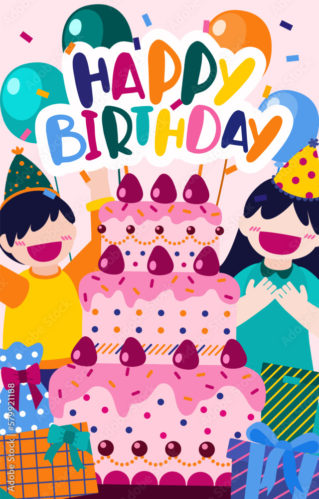 Cartoon birthday party people. Man and woman has birthday party at home. Birthday party decoration with balloon and shoot colorf Cartoon birthday party people. Man and woman has birthday party at home. Birthday party decoration with balloon and shoot colorf