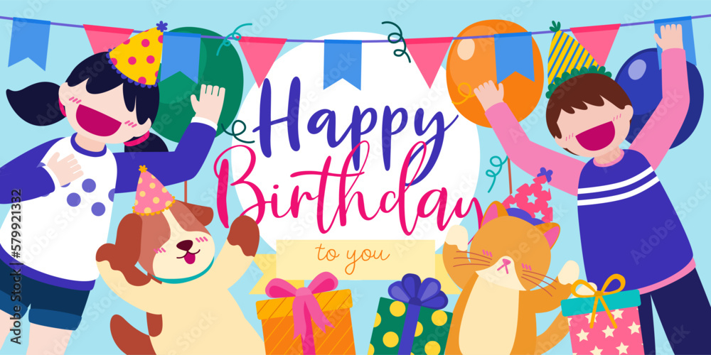 Fototapeta premium Cartoon birthday party people. Man and woman has birthday party at home. Birthday party decoration with balloon and shoot colorf