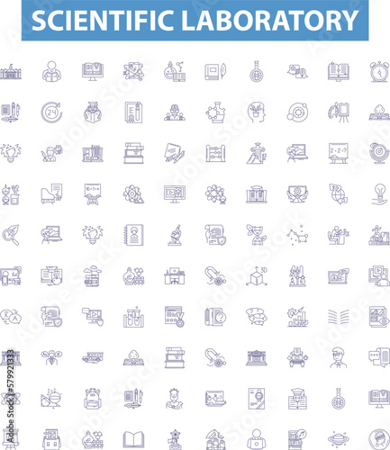 Scientific laboratory line icons, signs set. Scientific, Laboratory, Testing, Research, Instruments, Experiments, Chemicals, Analysis, Samples outline vector illustrations.