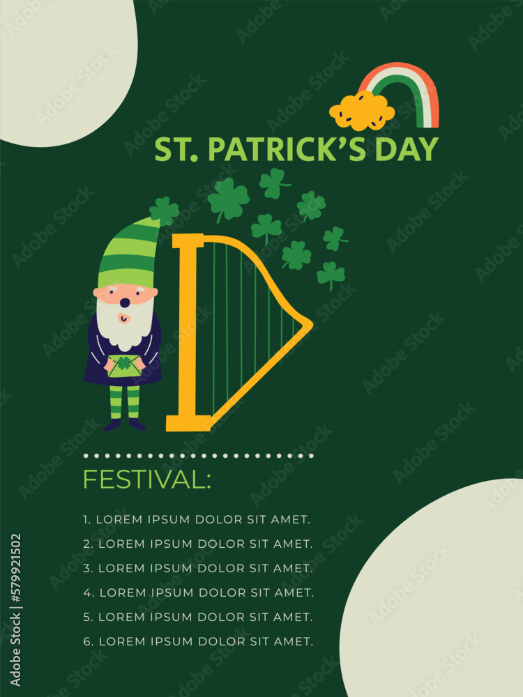 Fototapeta premium Saint Patrick's Day Music Festival vector invitation with harp leprechaun and typography. Flat design for print invite