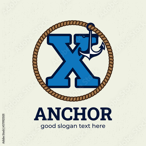 Letter X logo with anchor illustration logo design template, nautical logo concept, vintage style.