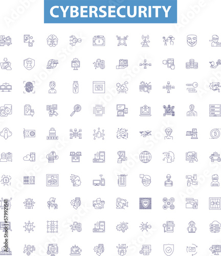 Cybersecurity line icons, signs set. Cybersecurity, Network, Security, Attack, Prevention, Monitor, Vulnerability, Malware, Firewall outline vector illustrations.