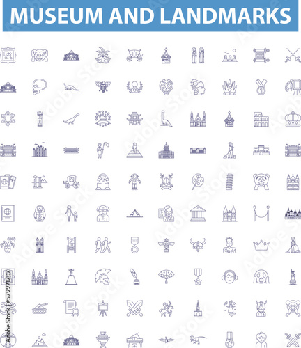 Museum and landmarks line icons, signs set. Museum, Landmarks, Historic, Sites, Monuments, Exhibit, Cultural, Heritage, Tourist outline vector illustrations.