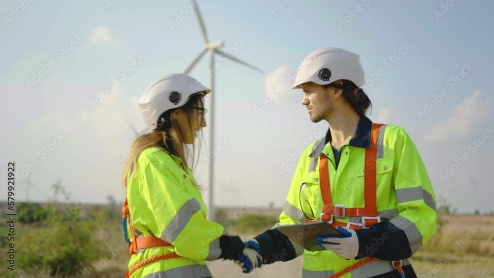 Engineer caucasian woman in unifrom wearing helmet walked in to say hello and chat with a male engineering colleague working through a tablet, and standing near wind turbines or windmill Engineer caucasian woman in unifrom wearing helmet walked in to say hello and chat with a male engineering colleague working through a tablet, and standing near wind turbines or windmill