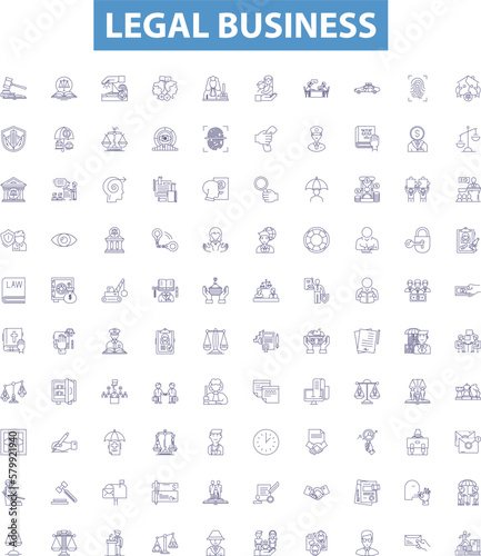 Legal business line icons, signs set. Law, Business, Legal, Regulation, Contract, Court, Agreement, Litigation, Practice outline vector illustrations.