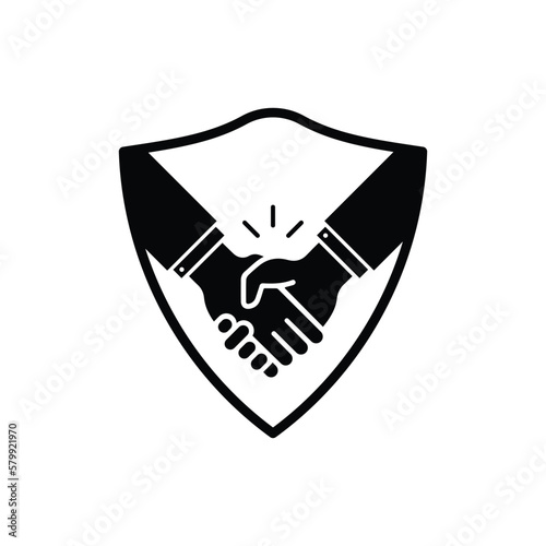 secure deal with handshake and shield. flat simple style trend modern shakehand logotype graphic design element isolated on white background. concept of privacy gesture or easy communication