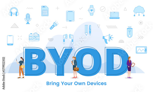 byod bring your own devices concept with big words and people surrounded by related icon with blue color style photo