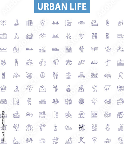 Urban life line icons, signs set. Urban, Life, City, Building, Street, Apartment, Traffic, Human, Crowd outline vector illustrations.