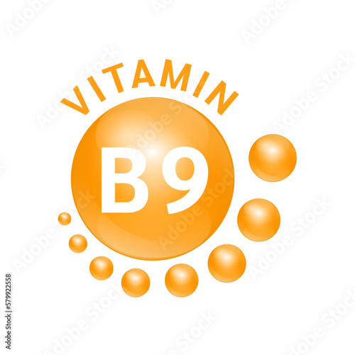 Vitamin B9 orange substance Sign Icon. Vector Illustration EPS10. realistic design, small circle around. Isolated on white background. Personal care, beauty concept. Medicine health symbol of thiamine