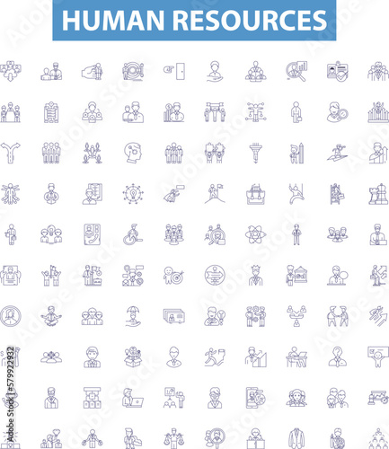 Human resources line icons, signs set. Personnel, Recruiting, Development, Hiring, Training, Employee, Retention, Benefits, Compensation outline vector illustrations.