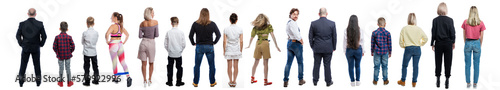 People of different ages in casual clothes are standing. Full height. Sid at the back. Set, collage. Isolated on white background. Panorama format.
