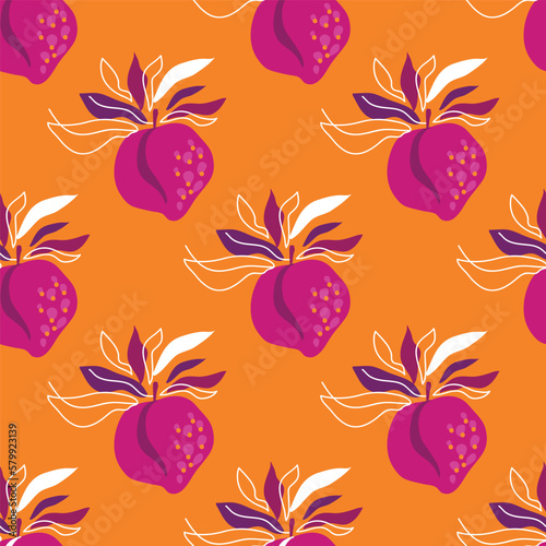 Peach fruit  summer seamless  pattern  background with various tropical fruits. Cute vector  hand drawn doodle art illustration for  packaging design  cover  packages  clothing  textile