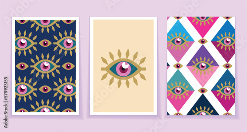 Modern abstract   set  cards esoteric eye , All-seeing eye  Magic, occult symbol sign , sacred art  Template design decor cover, poster, banner  Vector graphic background illustration