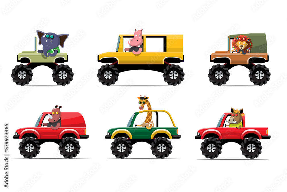 Naklejka premium Animal driver, pets vehicle and elephant, hippopotamus, lion, rhinoceros, giraffe, boar, happy in car.