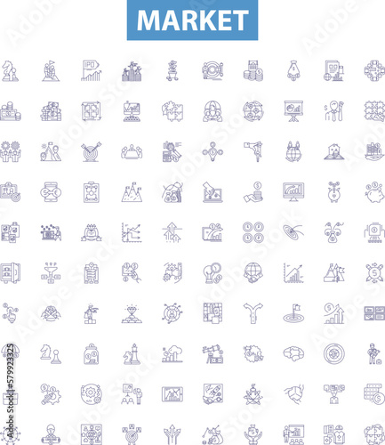 Market line icons, signs set. Market, Trade, Shopping, Retail, Bazaar, Vend, Exchange, Commercial, Consume outline vector illustrations.