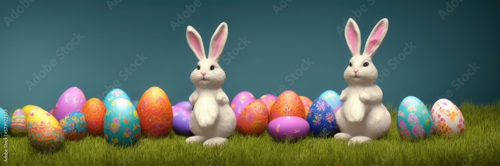 Cute bunny with eggs on the lawn with copy space for easter background, Generative AI Cute bunny with eggs on the lawn with copy space for easter background, Generative AI