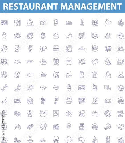Restaurant management line icons, signs set. Dining, Menu, Food, Staff, Orders, Costs, Accounting, Security, Cleanliness outline vector illustrations.