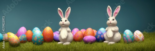 Cute bunny with eggs on the lawn with copy space for easter background, Generative AI