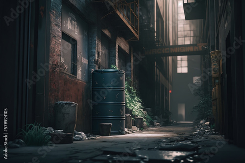 Dark alley between two high buildings, spooky and dirty with rubbish lying about. Generative AI.