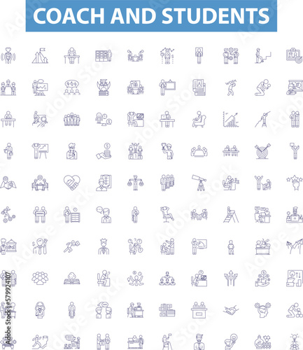 Coach and students line icons, signs set. Coach, Students, Mentor, Educator, Guide, Pupil, Teacher, Tutor, Instructor outline vector illustrations.