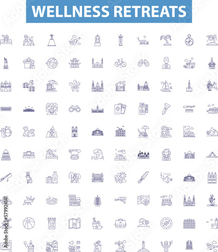 Wellness retreats line icons, signs set. Wellbeing, Retreats, Relaxation, Health, Rejuvenation, Vacation, Nature, Yoga, Meditation outline vector illustrations.