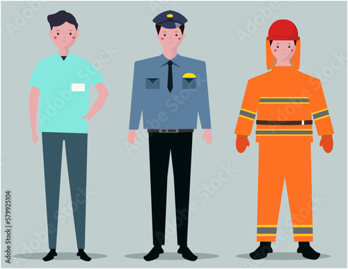笑顔の医者と警察官と消防士　ベクターイラスト