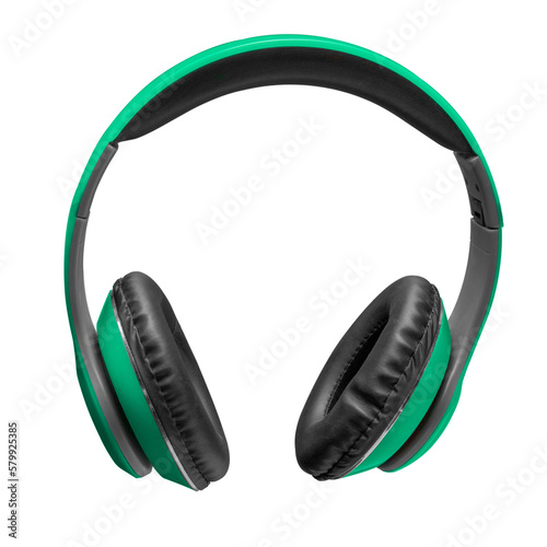 Green headphones on a white background