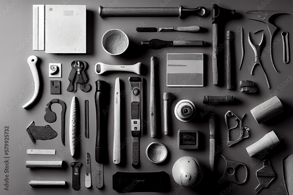 Fototapeta premium vintage tools set on dark brown wooden background and empty notepad. Generative Ai