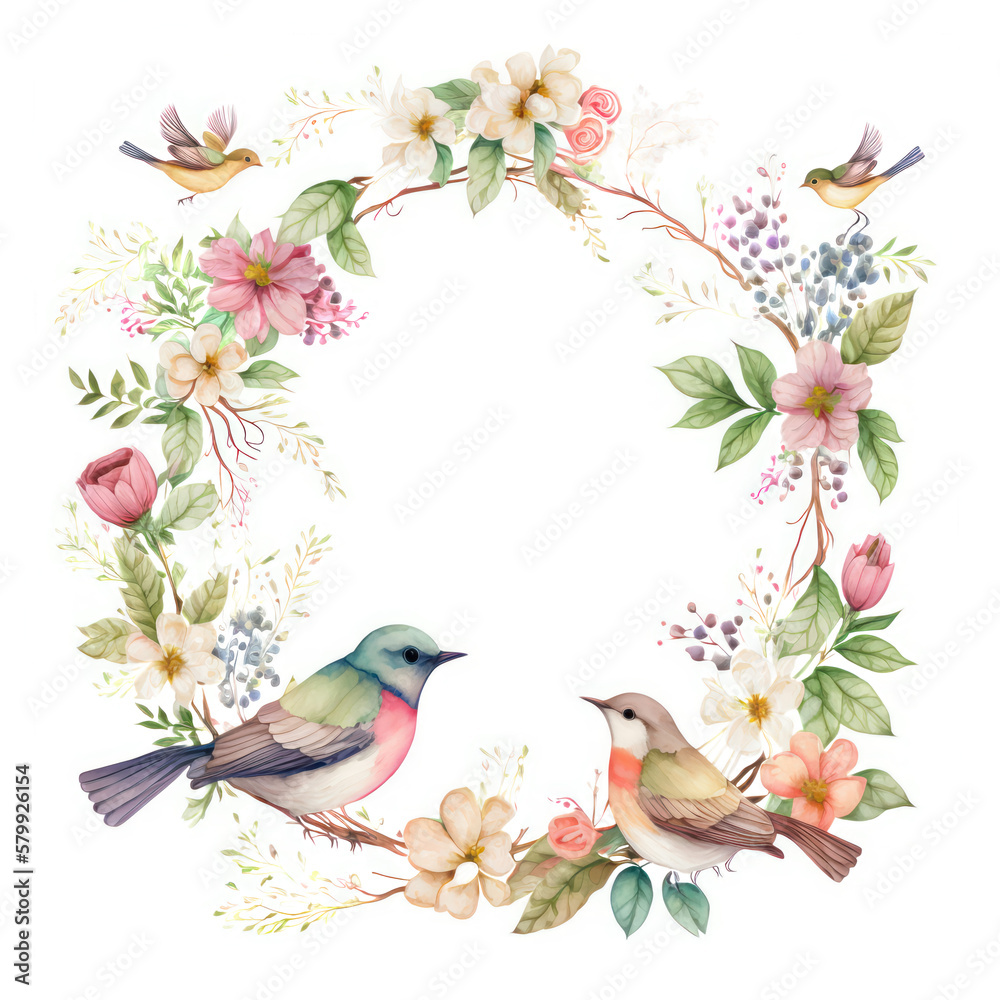 Round floral template a card or invitation with spring flowers and birds. Digital watercolor painting based on generative AI. Round floral template a card or invitation with spring flowers and birds. Digital watercolor painting based on generative AI.