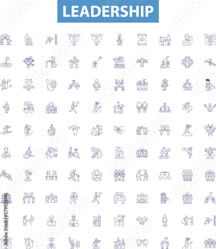 Leadership line icons, signs set. Leadership, Managerial, Authority, Guidance, Inspiring, Visionary, Motivating, Directing, Promoting outline vector illustrations.