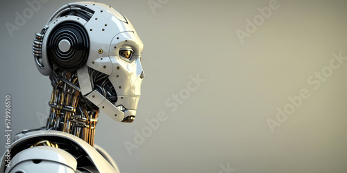 Profile portrait of robot bot ai with connected glasses white background. Synthetic humanoid robot, artificial intelligence.Portrait of gynoid,futuristic cyborg. Banner with space for text, copy space