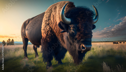 Bison in the park, side view, golden hour 
